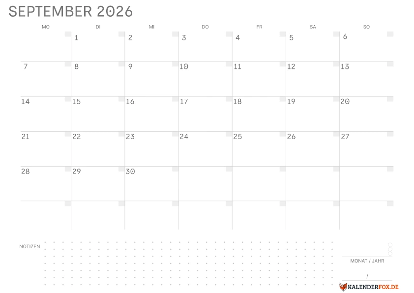 Leerer Kalender September 2026 mit Feiertagen