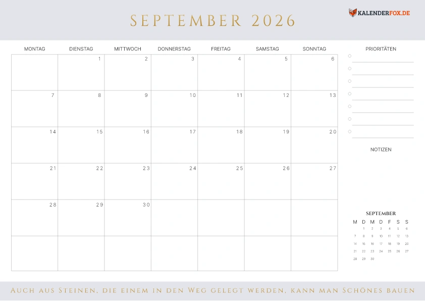 Prioritäten Kalender September 2026 mit Feiertagen