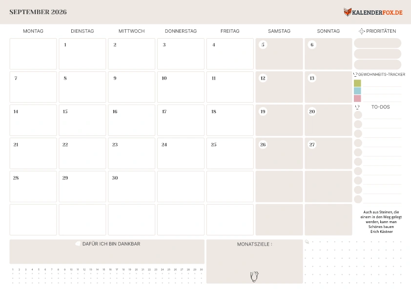 To-Do Liste Kalender September 2026 mit Feiertagen