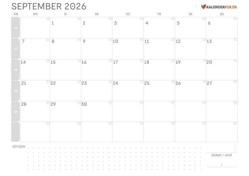 Leerer Kalender September 2026 mit KW