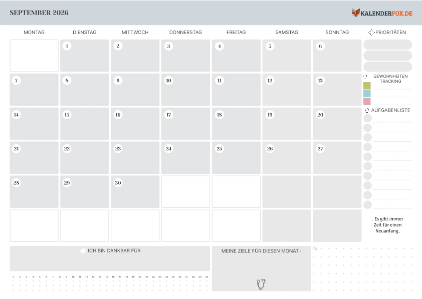 Kalender September 2026 mit Notizbereich