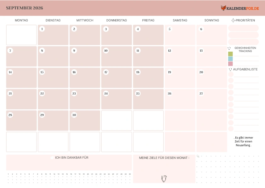 Kalender September 2026 mit Zitaten