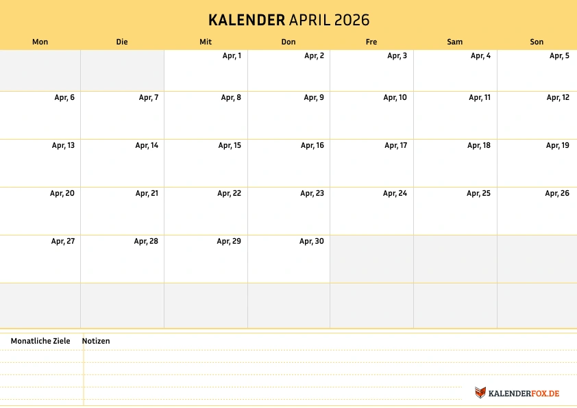 Einfacher Kalender april 2026