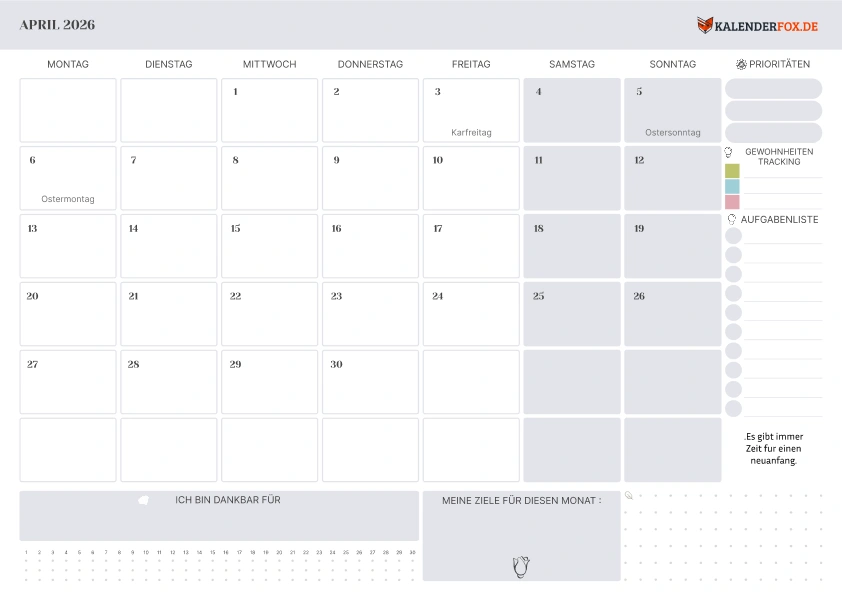 Kalender april 2026 mit Feirtagen