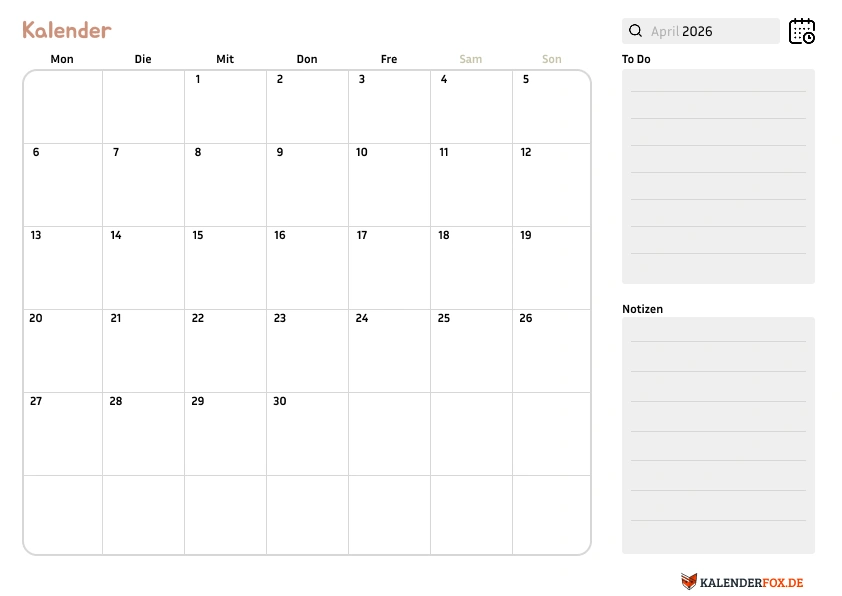 Kalender april 2026 mit Notizen