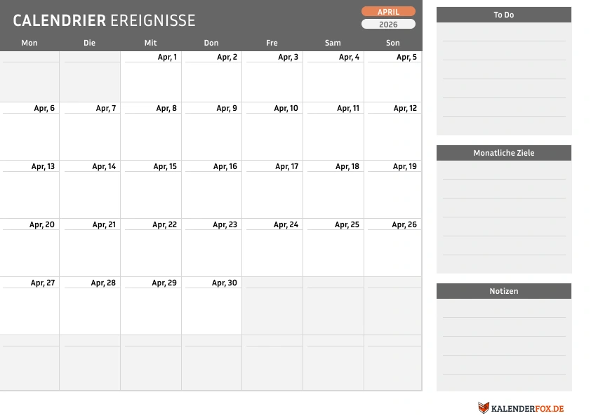 Kalender april 2026 mit To Do Liste