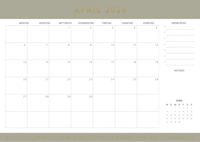 Kalender april 2026 mit Zitaten