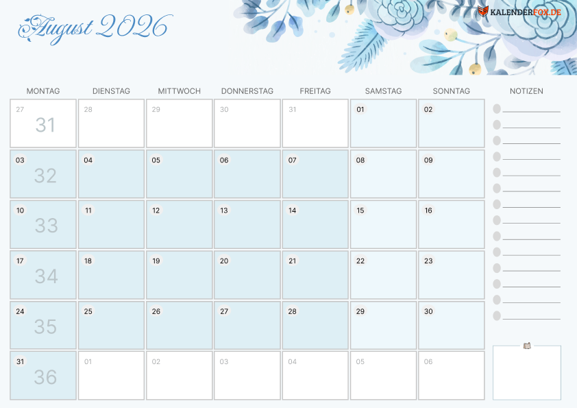 Aesthetic Kalender august 2026