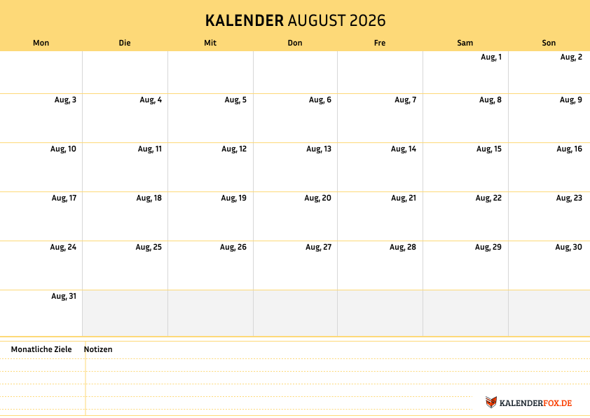 Einfacher Kalender august 2026