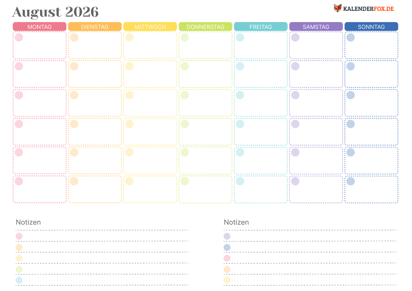Farbenfroher Kalender august 2026