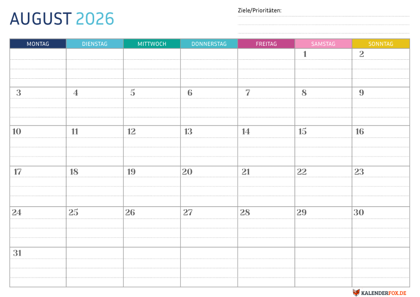 Gepunktete Kalender august 2026