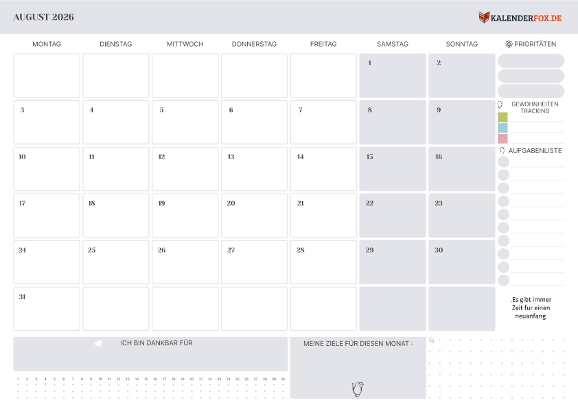 Kalender august 2026 mit Feirtagen