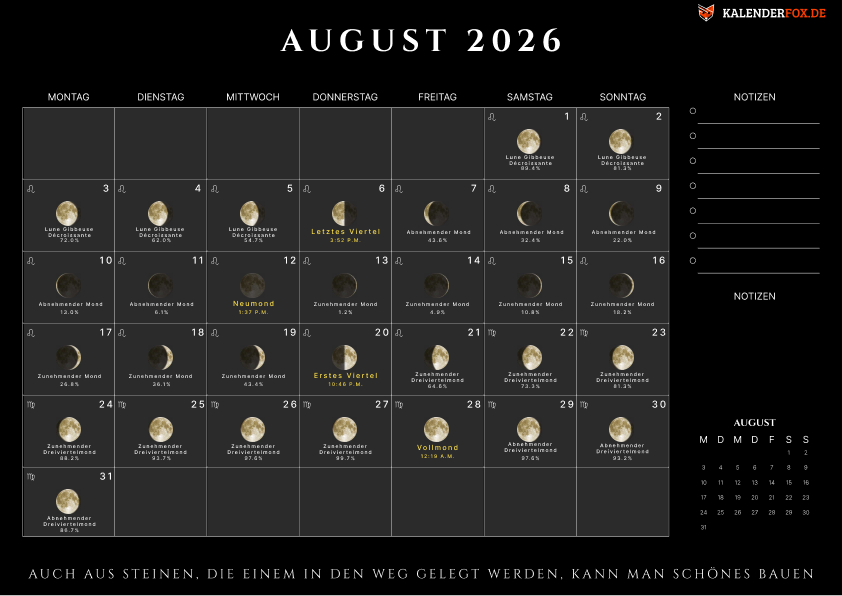 Kalender august 2026 mit Moonphasen