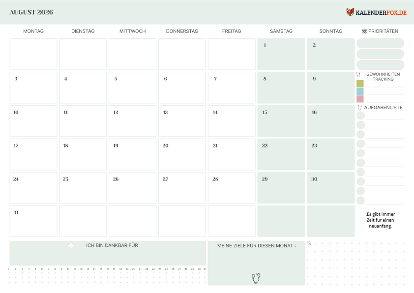 Kalender august 2026 mit Prioritäten