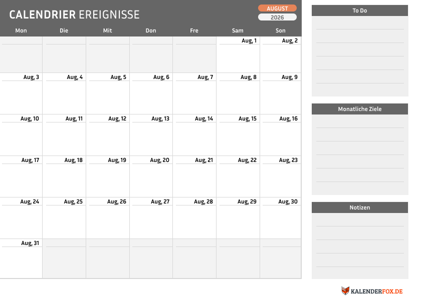Kalender august 2026 mit To Do Liste