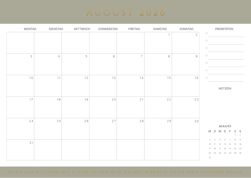 Kalender august 2026 mit Zitaten