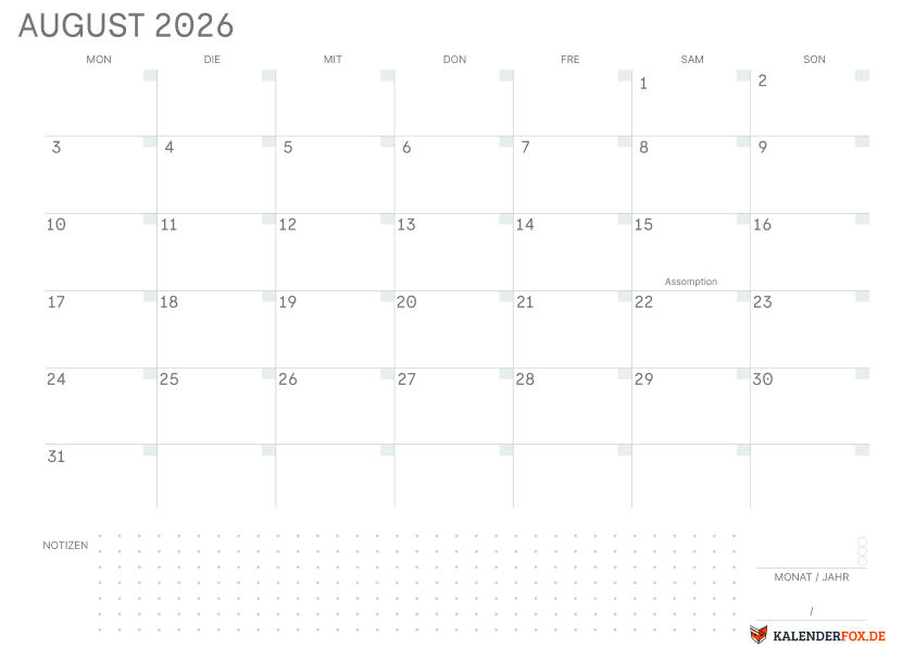Leerer Kalender august 2026