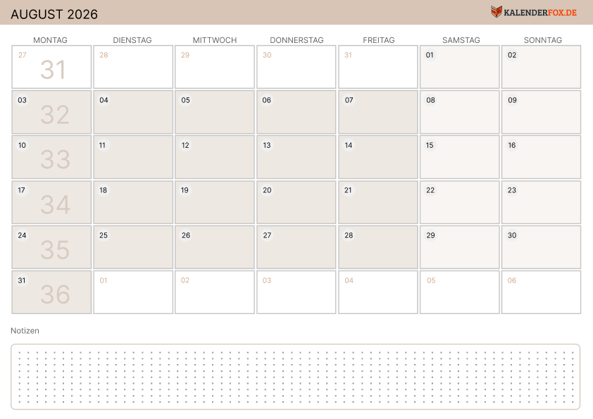 Moderne Kalender august 2026