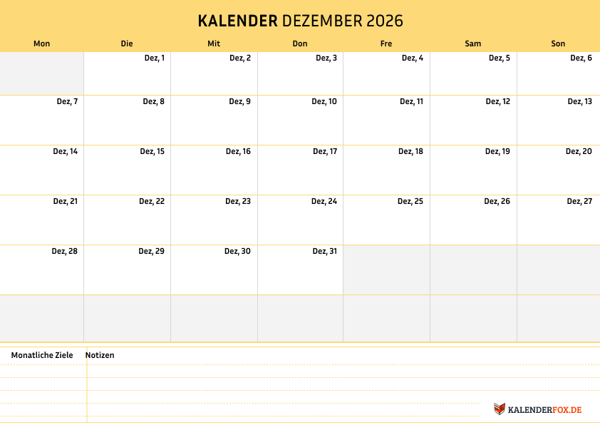 Einfacher Kalender dezember 2026