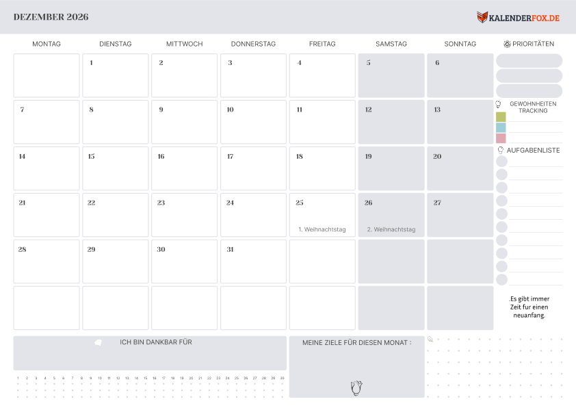 Kalender dezember 2026 mit Feirtagen