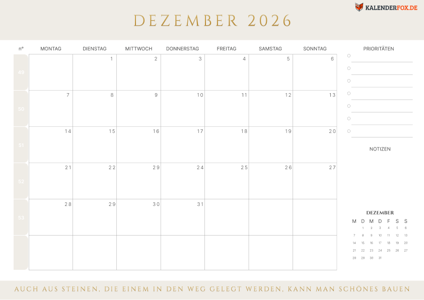 Kalender dezember 2026 mit KW