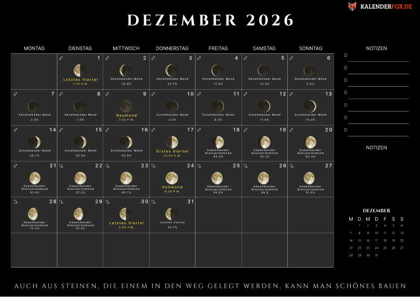 Kalender dezember 2026 mit Moonphasen