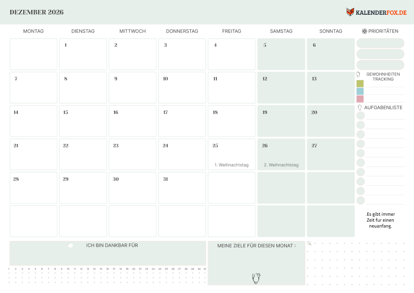 Kalender dezember 2026 mit Prioritäten