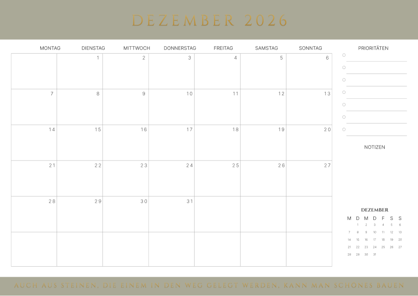 Kalender dezember 2026 mit Zitaten
