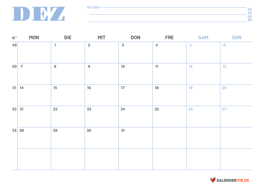 Minimalistischer Kalender dezember 2026