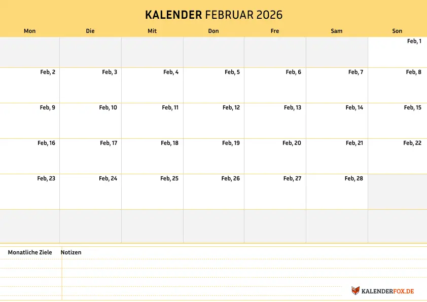 Einfacher Kalender februar 2026