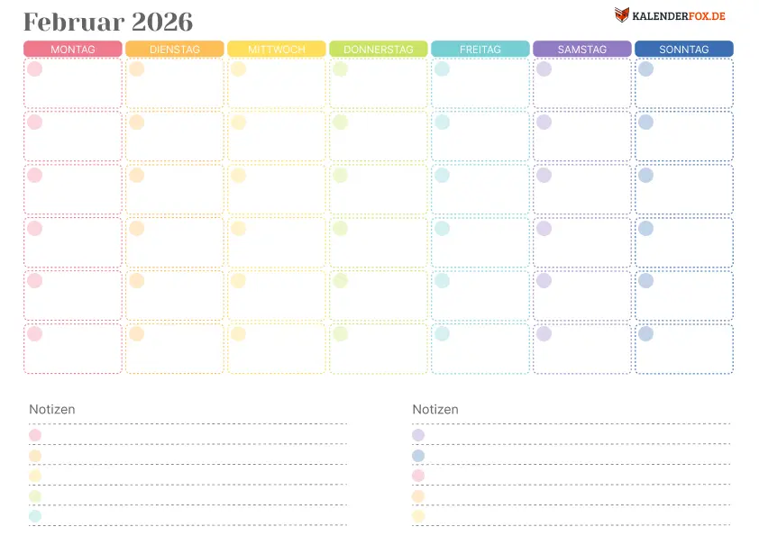 Farbenfroher Kalender februar 2026