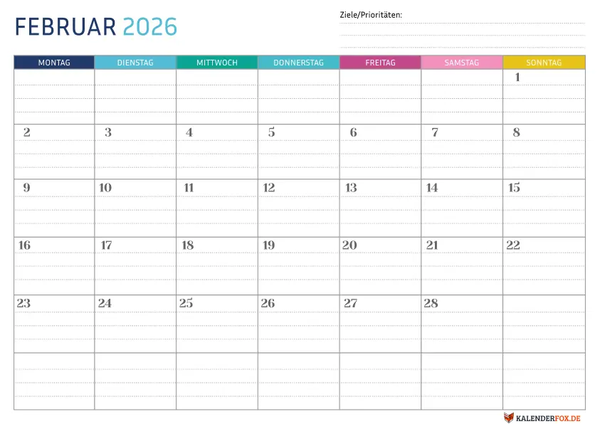 Gepunktete Kalender februar 2026