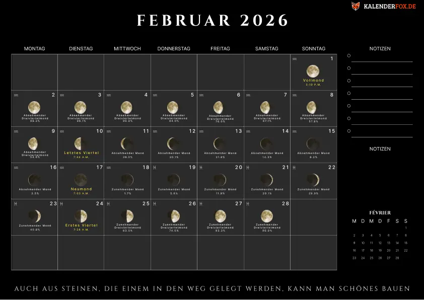 Kalender februar 2026 mit Moonphasen