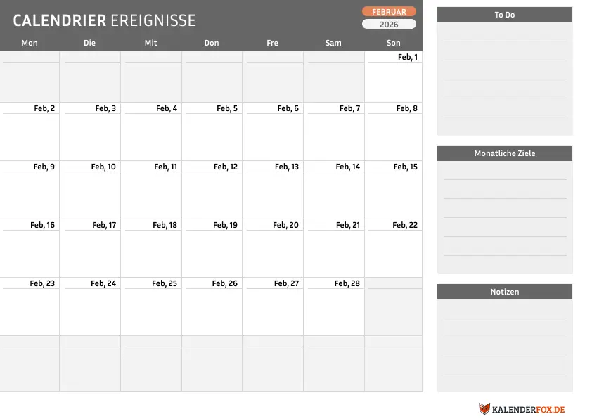 Kalender februar 2026 mit To Do Liste