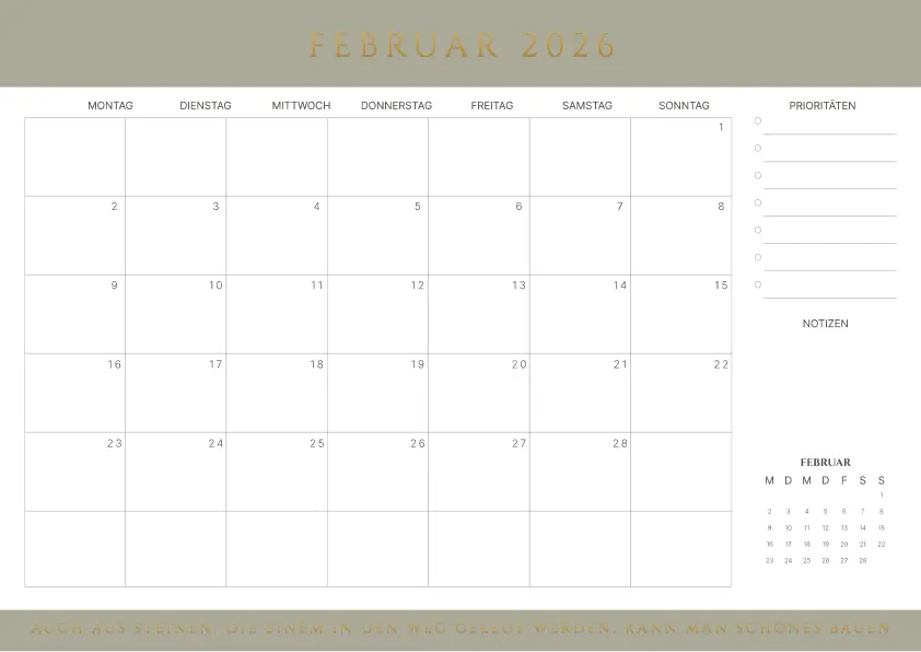 Kalender februar 2026 mit Zitaten
