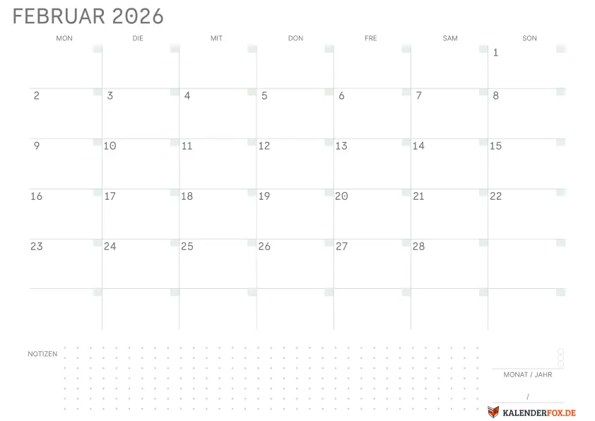 Leerer Kalender februar 2026