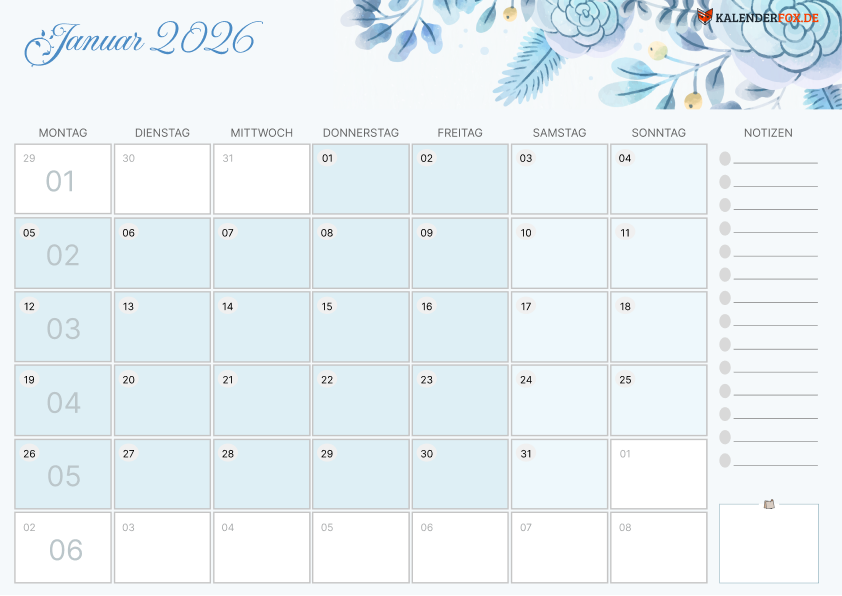 Kalender Januar mit Feirtagen