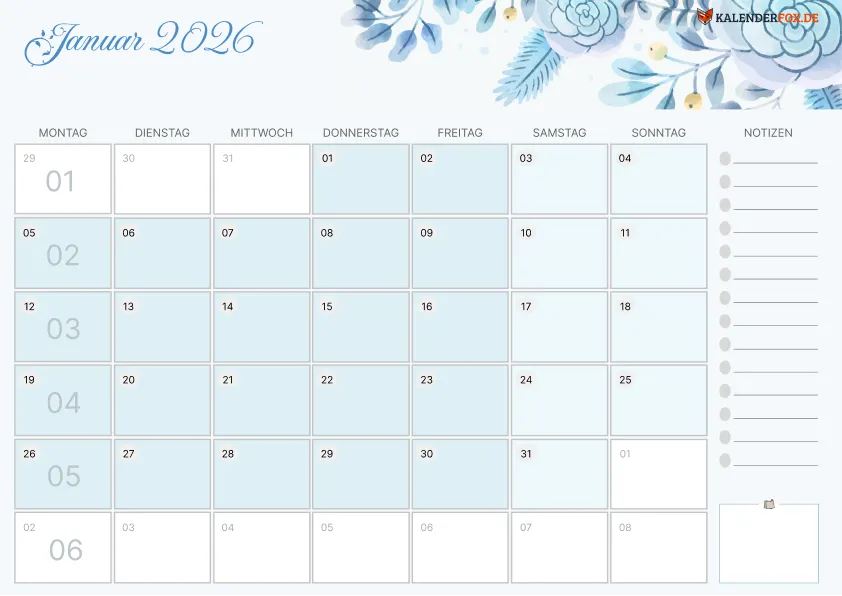 Aesthetic Kalender Januar 2026