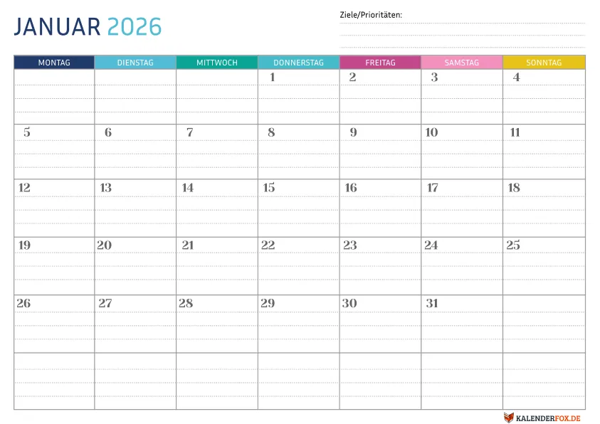 Gepunktete Kalender Januar 2026
