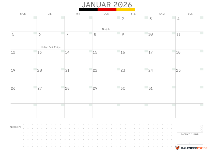 Kalender Januar mit Feirtagen