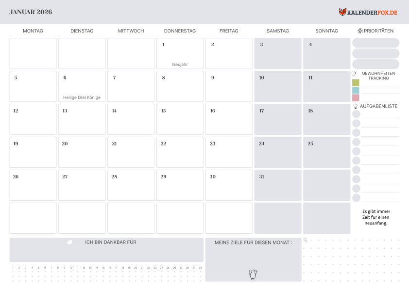 Kalender Januar mit Feirtagen