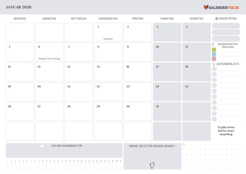 Kalender Januar 2026 mit Feirtagen