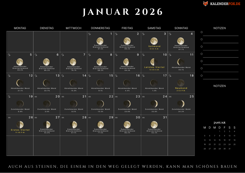Kalender Januar mit Moonphasen