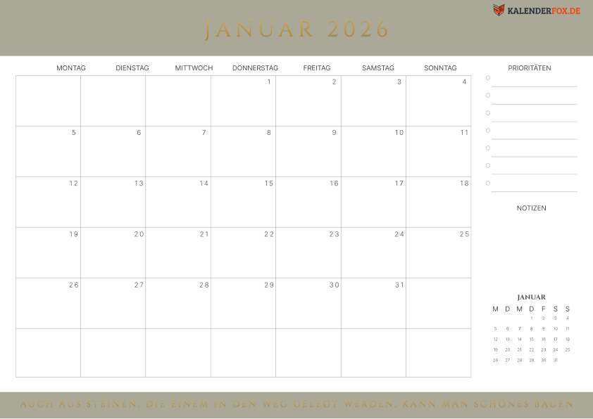 Kalender Januar mit Feirtagen