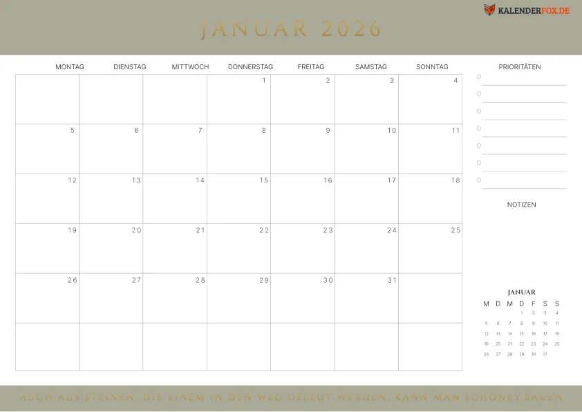 Kalender Januar 2026 mit Zitaten
