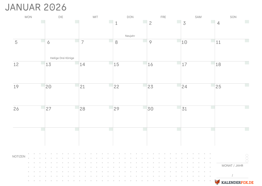 Kalender Januar mit Feirtagen