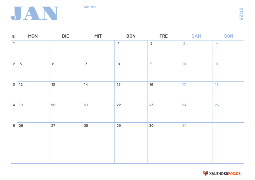 Kalender Januar mit Feirtagen