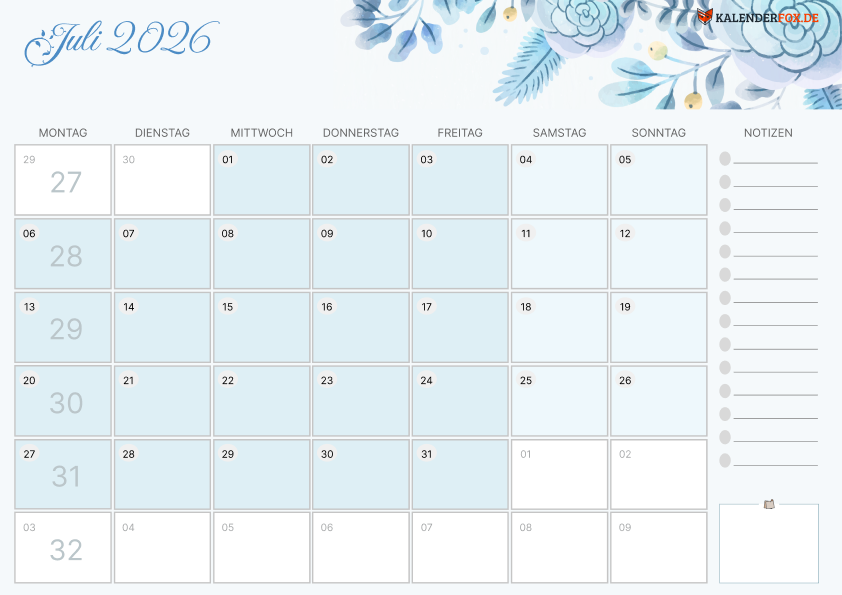 Aesthetic Kalender juli 2026