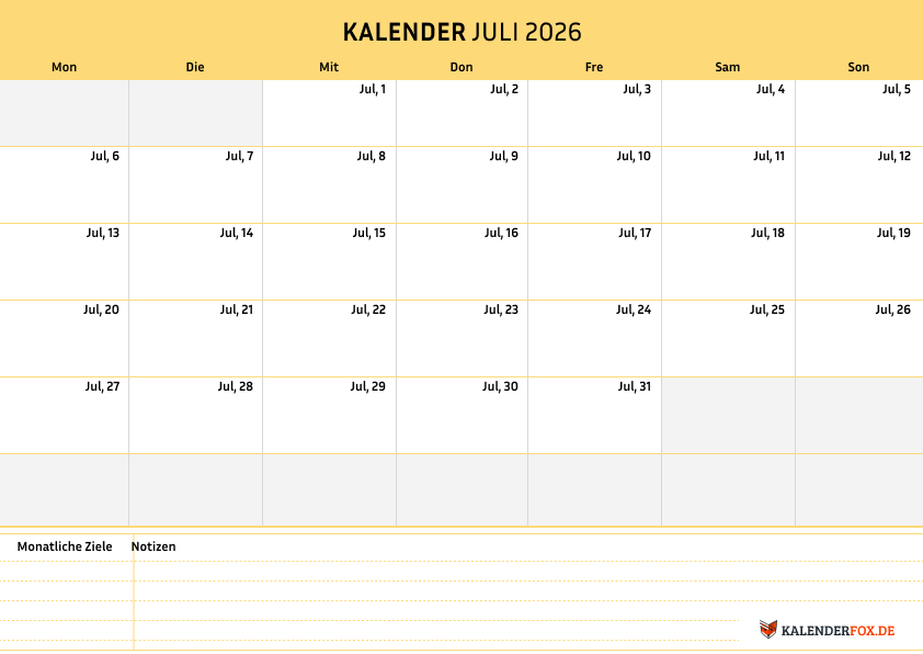 Einfacher Kalender juli 2026