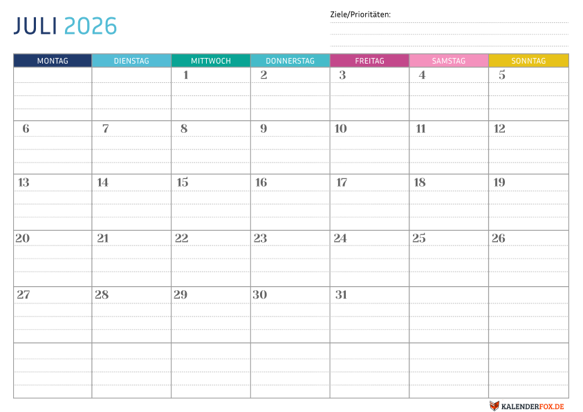 Gepunktete Kalender juli 2026
